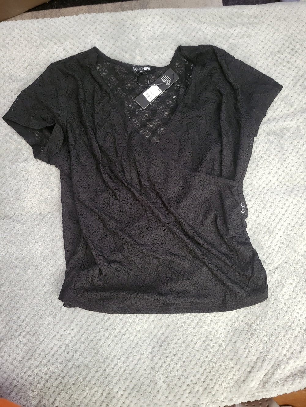 Nwt Fashion Nova Black Lace V-Neck Faux Wrap Short Sleeve Top 3x